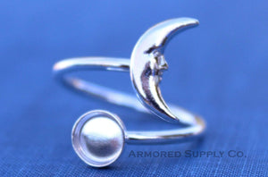 Silver Crescent Moon Wrap Adjustable Bezel Cup Ring blank, Round Cabochon, Breast Milk DIY jewelry supplies, build a ring, wholesale jewelry