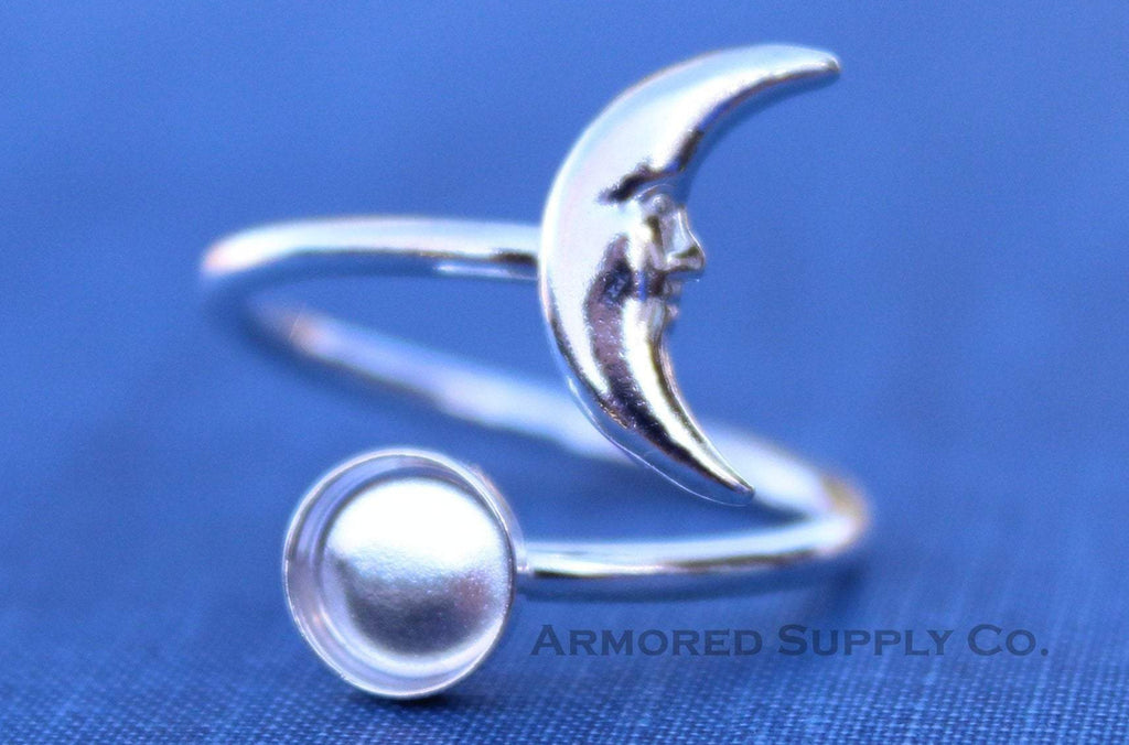 Silver Crescent Moon Wrap Adjustable Bezel Cup Ring blank, Round Cabochon, Breast Milk DIY jewelry supplies, build a ring, wholesale jewelry