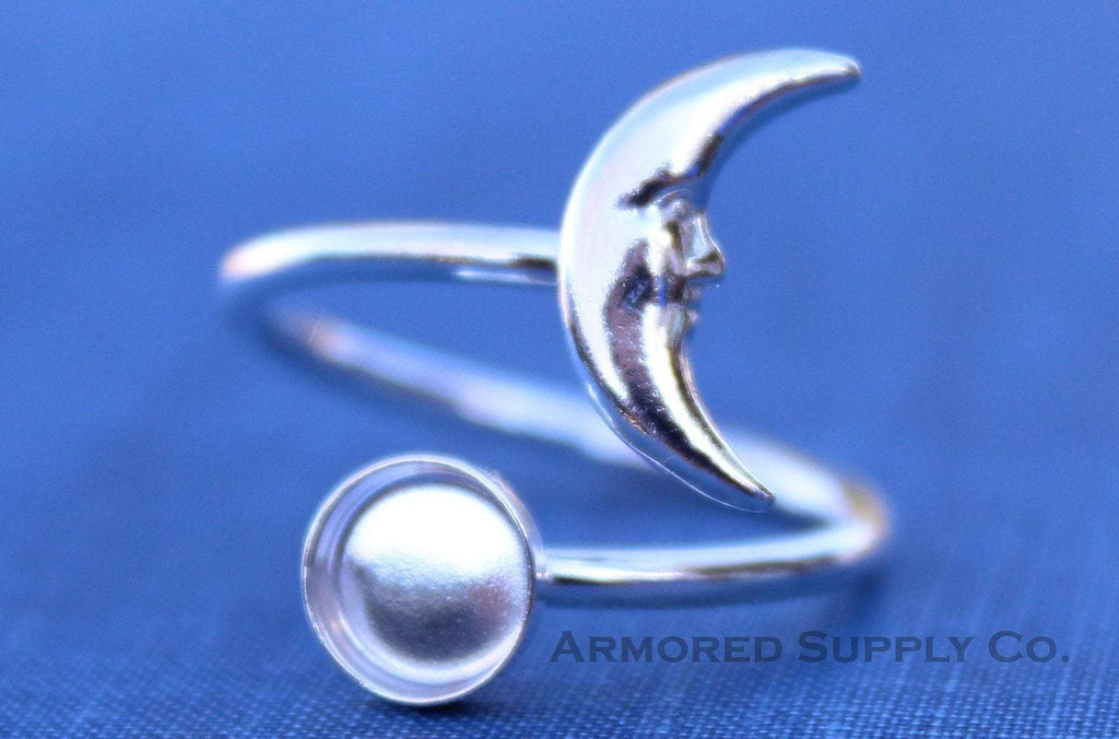 Silver Crescent Moon Wrap Adjustable Bezel Cup Ring blank, Round Cabochon, Breast Milk DIY jewelry supplies, build a ring, wholesale jewelry