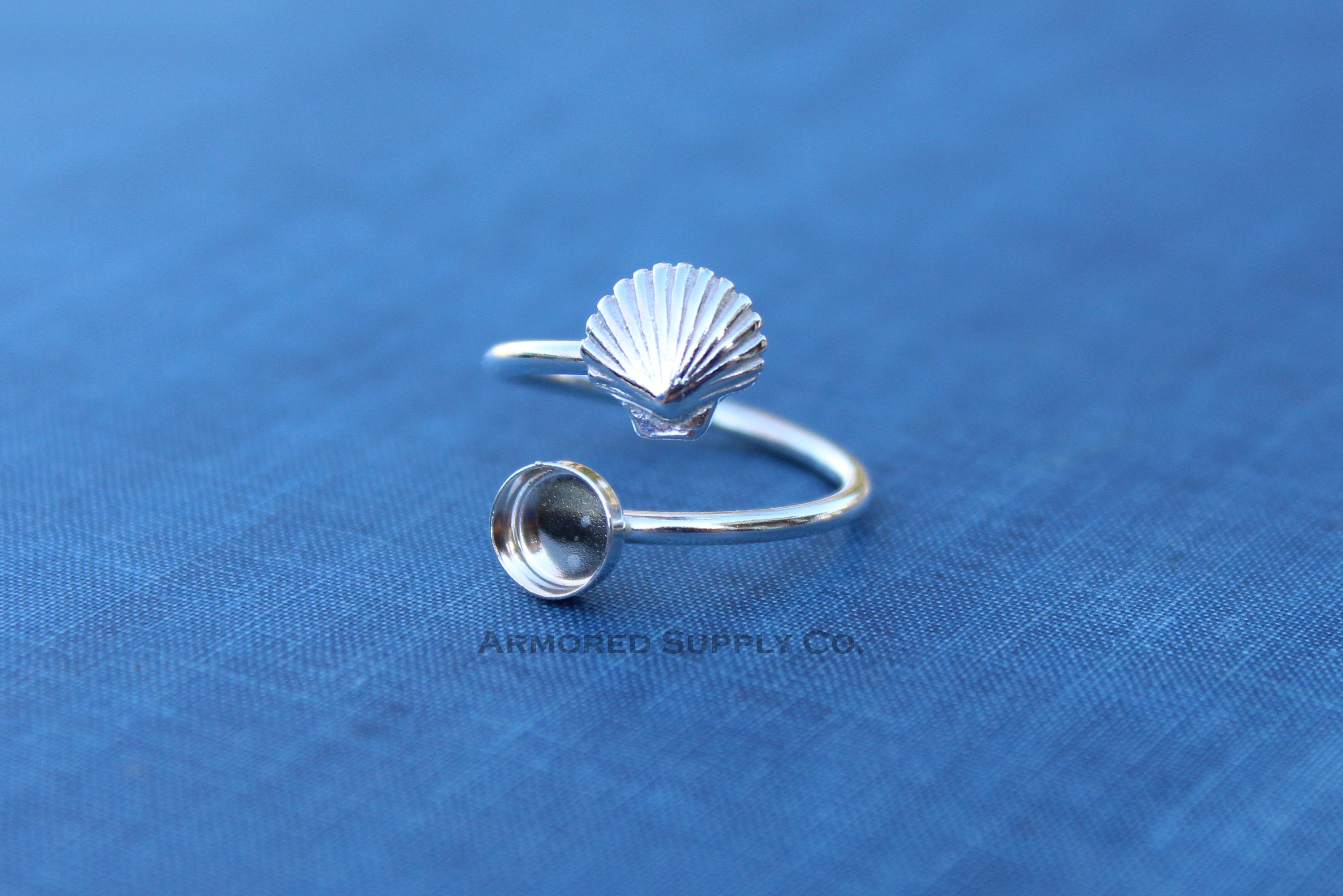 Silver Sea Shell Wrap Adjustable Bezel Cup Ring blank, Round Cabochon, Breast Milk DIY jewelry supplies, build a ring, wholesale jewelry