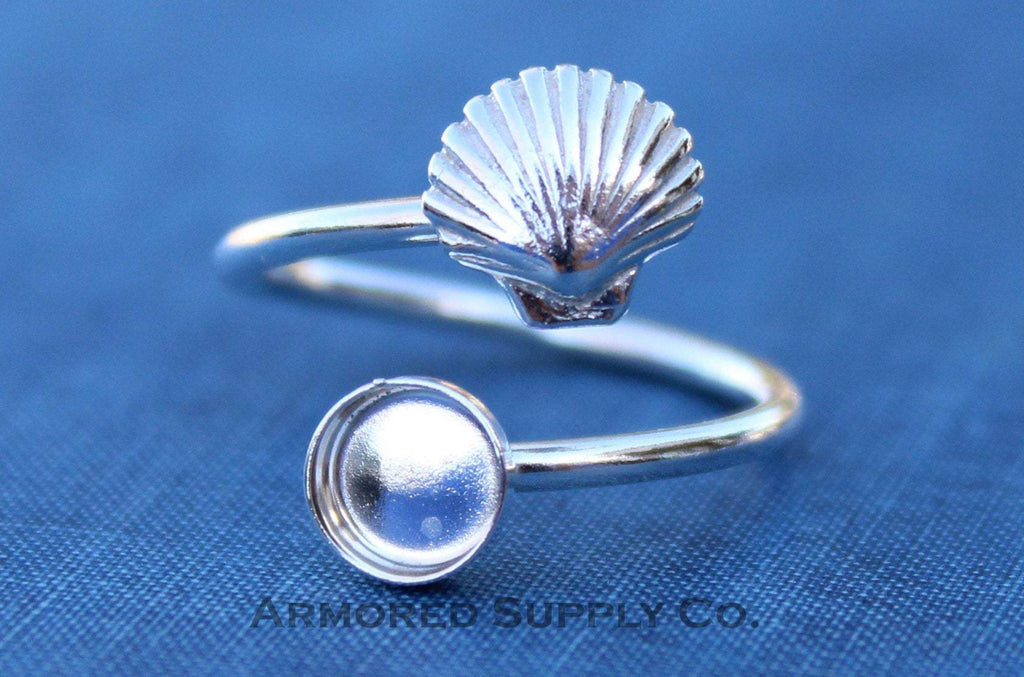Silver Sea Shell Wrap Adjustable Bezel Cup Ring blank, Round Cabochon, Breast Milk DIY jewelry supplies, build a ring, wholesale jewelry