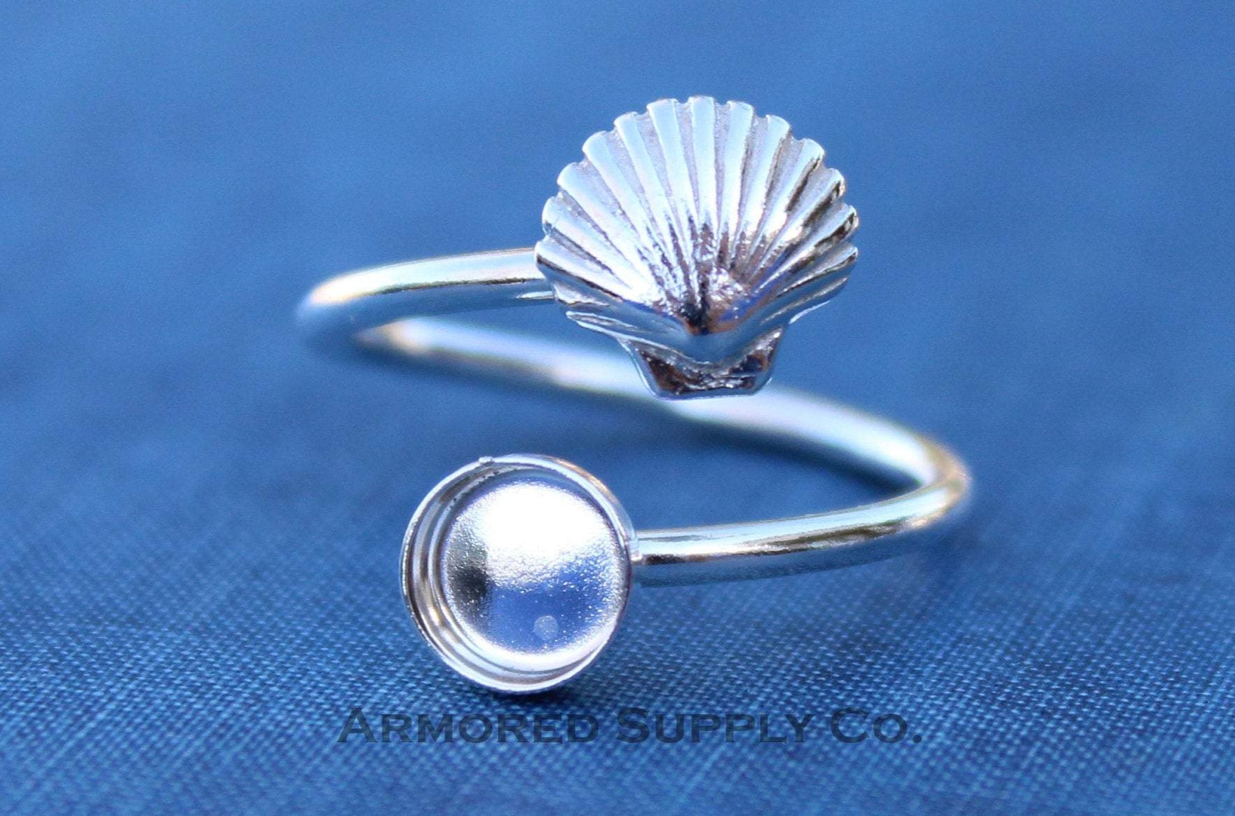 Silver Sea Shell Wrap Adjustable Bezel Cup Ring blank, Round Cabochon, Breast Milk DIY jewelry supplies, build a ring, wholesale jewelry