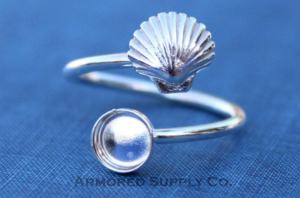 Silver Sea Shell Wrap Adjustable Bezel Cup Ring blank, Round Cabochon, Breast Milk DIY jewelry supplies, build a ring, wholesale jewelry