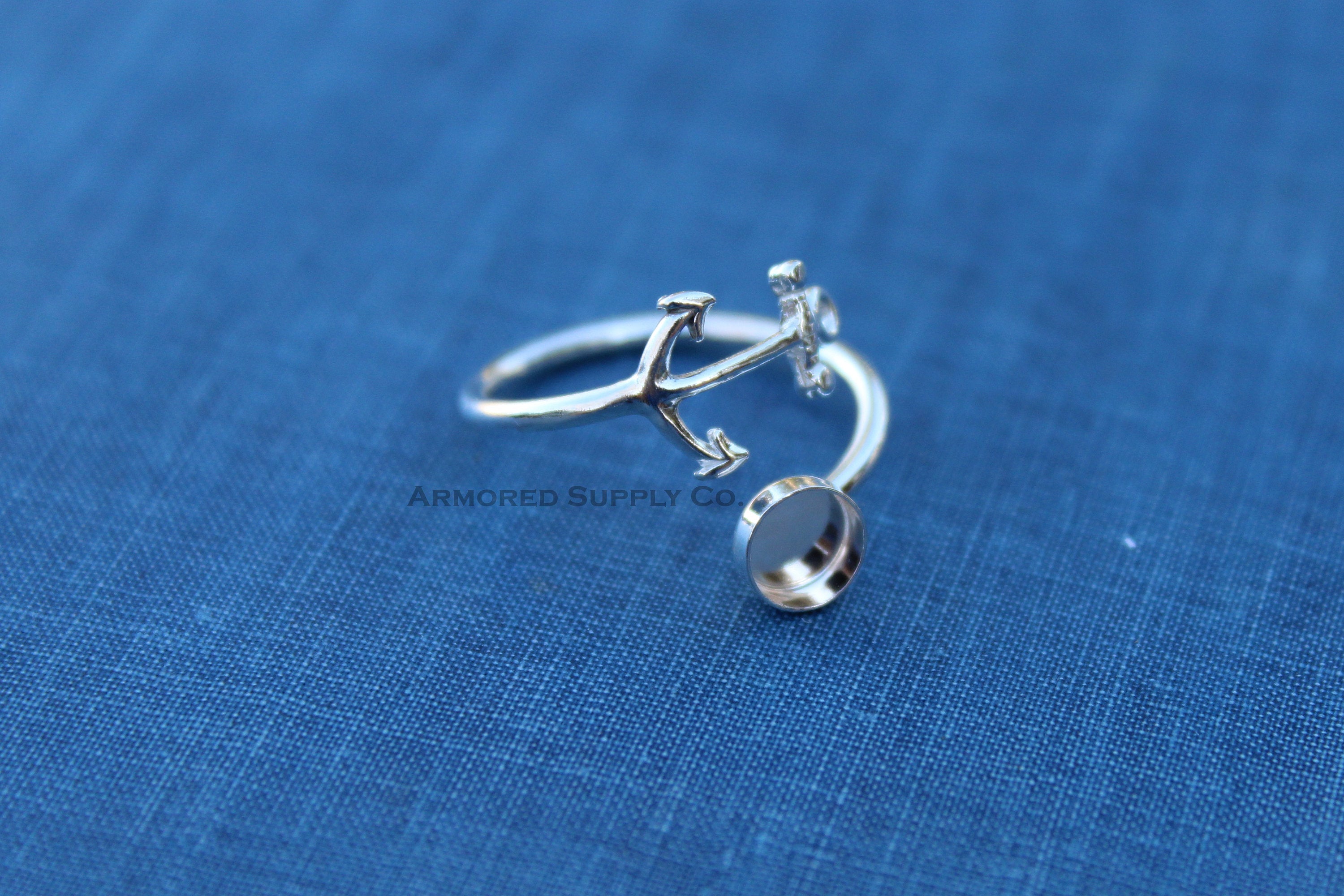 Silver Anchor Wrap Adjustable Bezel Cup Ring blank, Round Cabochon, Breast Milk DIY jewelry supplies, build a ring, wholesale jewelry