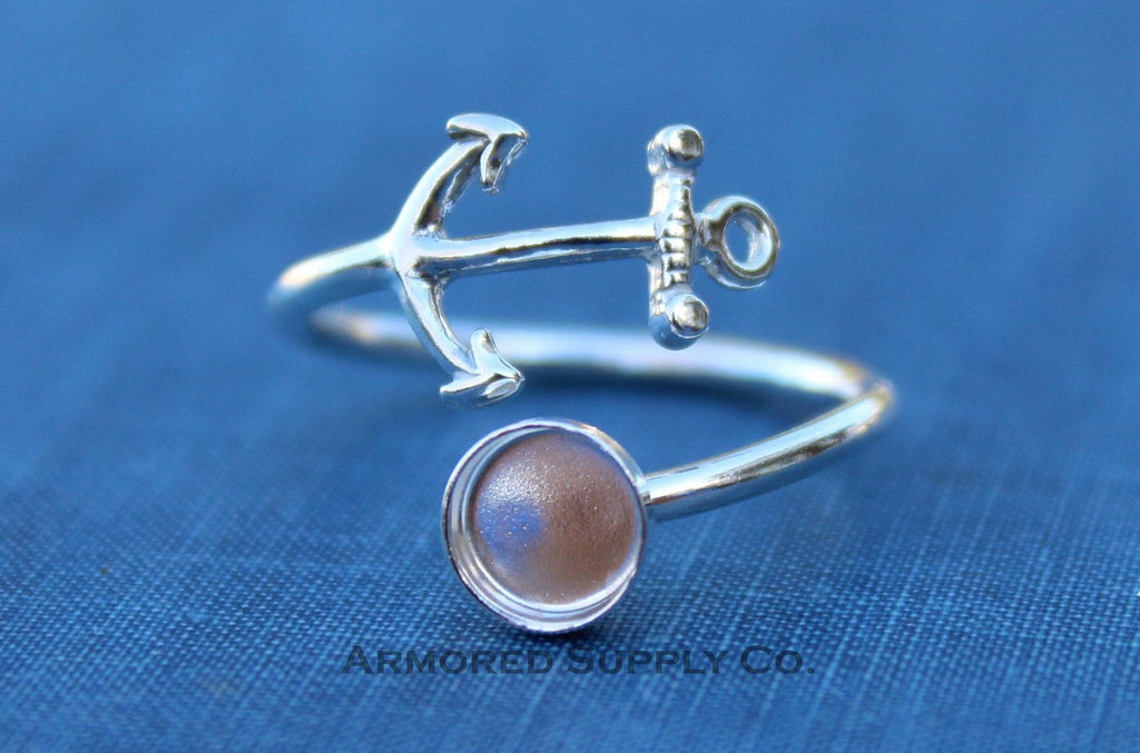 Silver Anchor Wrap Adjustable Bezel Cup Ring blank, Round Cabochon, Breast Milk DIY jewelry supplies, build a ring, wholesale jewelry