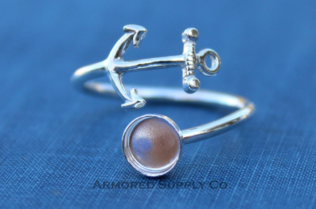 Silver Anchor Wrap Adjustable Bezel Cup Ring blank, Round Cabochon, Breast Milk DIY jewelry supplies, build a ring, wholesale jewelry