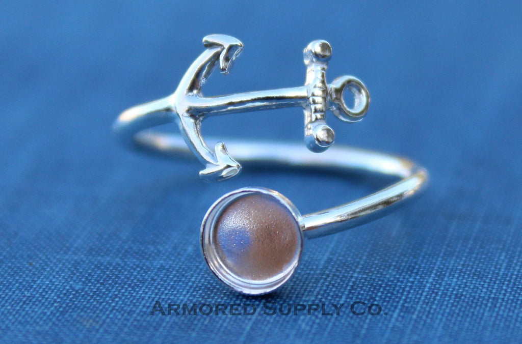 Silver Anchor Wrap Adjustable Bezel Cup Ring blank, Round Cabochon, Breast Milk DIY jewelry supplies, build a ring, wholesale jewelry
