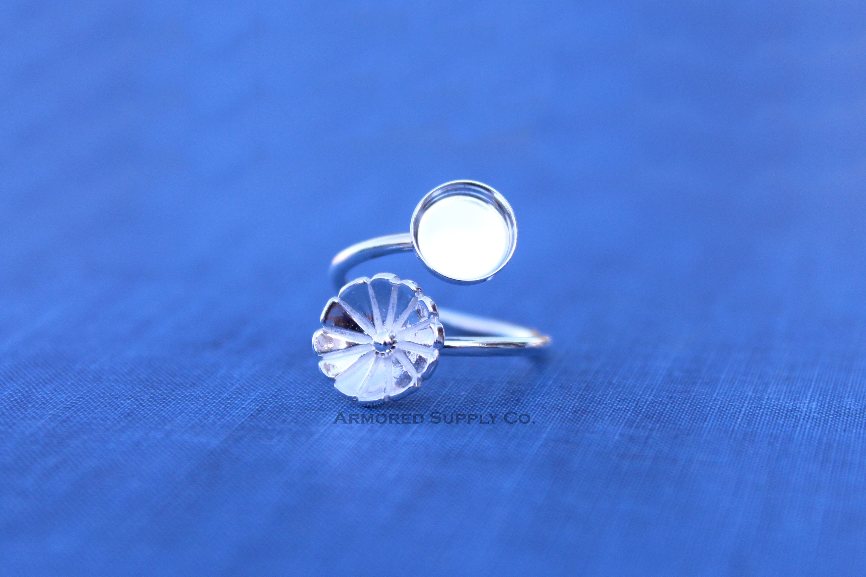 Silver Flower Wrap Adjustable Bezel Cup Ring blank, Round Cabochon, Breast Milk DIY jewelry supplies, build a ring, wholesale jewelry