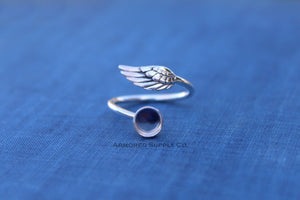 Silver Angel Wing Adjustable Bezel Cup Ring blank, Round Cabochon, Breast Milk DIY jewelry supplies, build a ring, wholesale jewelry