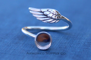 Silver Angel Wing Adjustable Bezel Cup Ring blank, Round Cabochon, Breast Milk DIY jewelry supplies, build a ring, wholesale jewelry