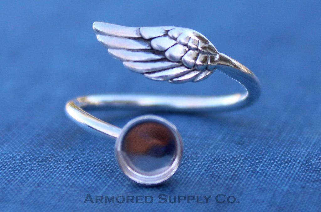 Silver Angel Wing Adjustable Bezel Cup Ring blank, Round Cabochon, Breast Milk DIY jewelry supplies, build a ring, wholesale jewelry