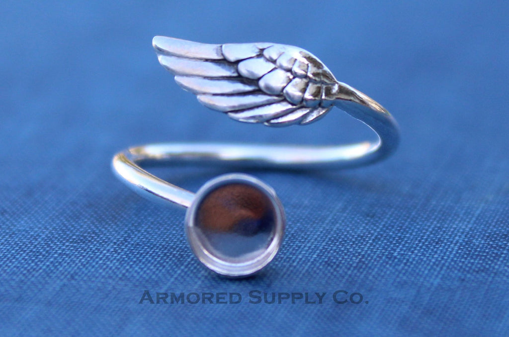 Silver Angel Wing Adjustable Bezel Cup Ring blank, Round Cabochon, Breast Milk DIY jewelry supplies, build a ring, wholesale jewelry