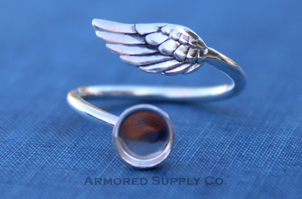 Silver Angel Wing Adjustable Bezel Cup Ring blank, Round Cabochon, Breast Milk DIY jewelry supplies, build a ring, wholesale jewelry