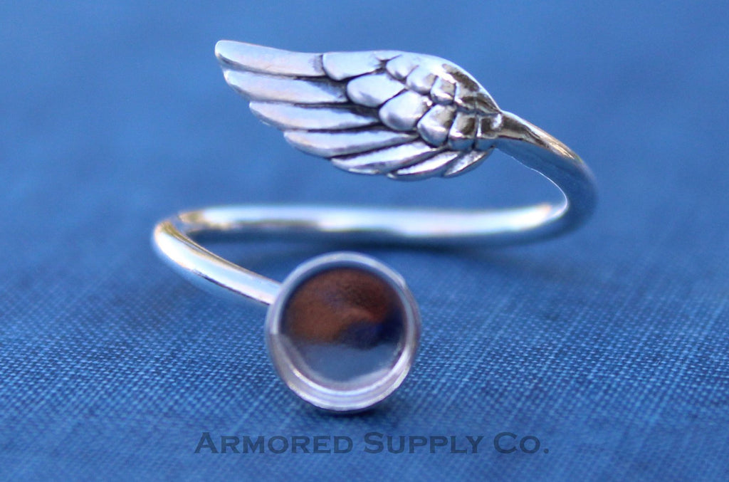 Silver Angel Wing Adjustable Bezel Cup Ring blank, Round Cabochon, Breast Milk DIY jewelry supplies, build a ring, wholesale jewelry