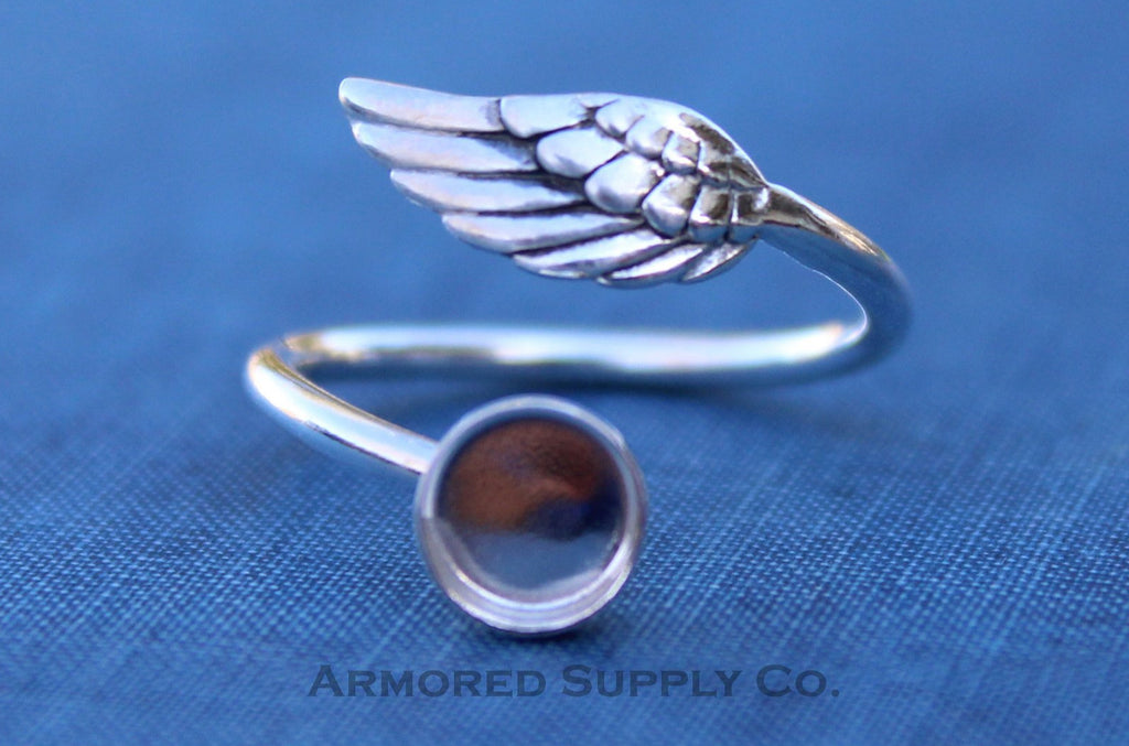 Silver Angel Wing Adjustable Bezel Cup Ring blank, Round Cabochon, Breast Milk DIY jewelry supplies, build a ring, wholesale jewelry