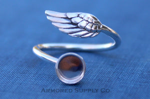 Silver Angel Wing Adjustable Bezel Cup Ring blank, Round Cabochon, Breast Milk DIY jewelry supplies, build a ring, wholesale jewelry