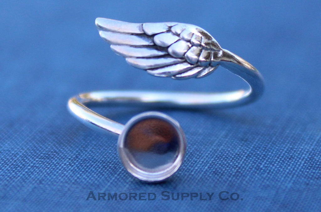 Silver Angel Wing Adjustable Bezel Cup Ring blank, Round Cabochon, Breast Milk DIY jewelry supplies, build a ring, wholesale jewelry