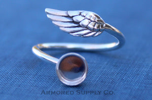 Silver Angel Wing Adjustable Bezel Cup Ring blank, Round Cabochon, Breast Milk DIY jewelry supplies, build a ring, wholesale jewelry