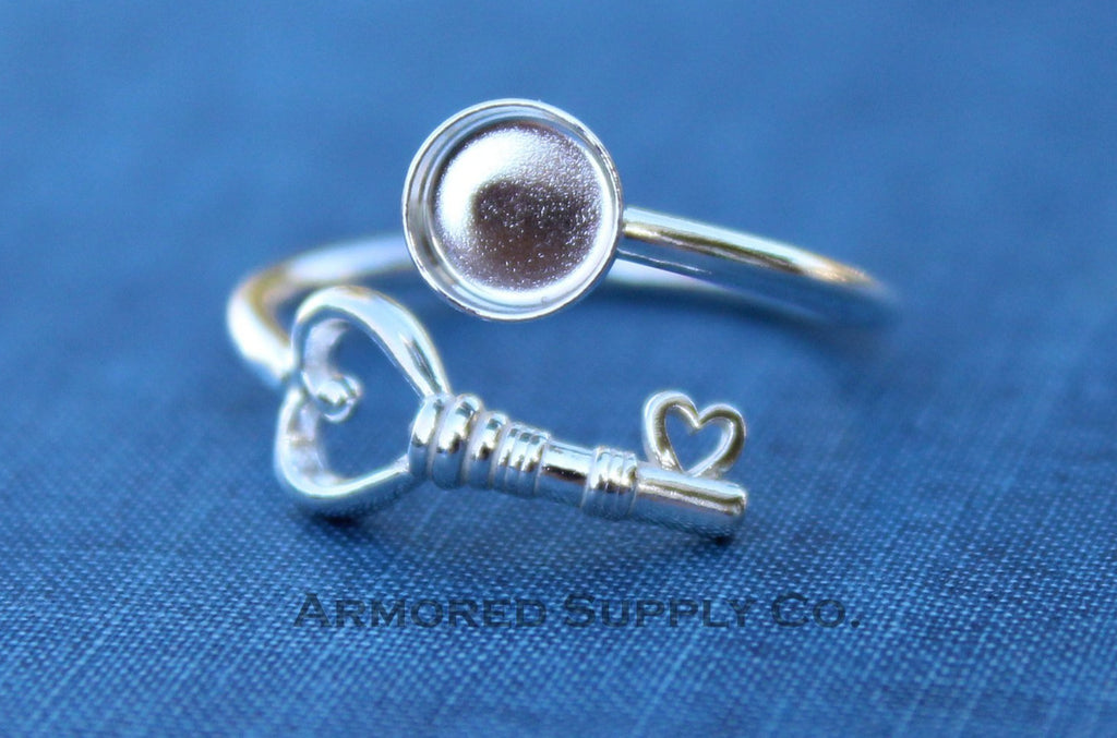 Silver Heart Key Adjustable Bezel Cup Ring blank, Round Cabochon, Breast Milk DIY jewelry supplies, build a ring, wholesale jewelry