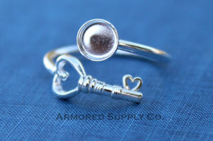 Silver Heart Key Adjustable Bezel Cup Ring blank, Round Cabochon, Breast Milk DIY jewelry supplies, build a ring, wholesale jewelry