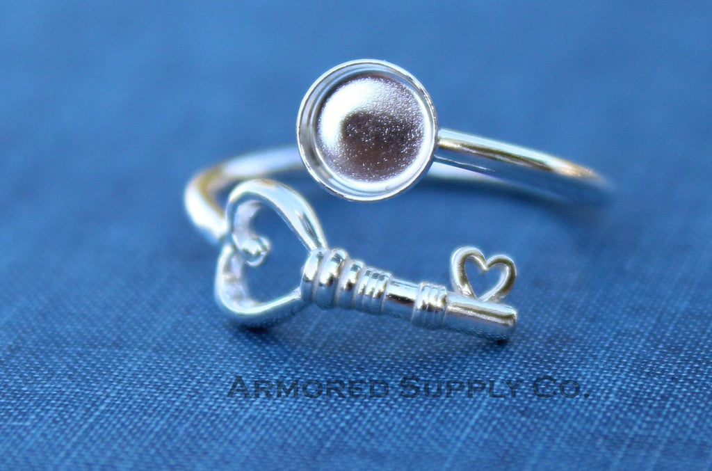 Silver Heart Key Adjustable Bezel Cup Ring blank, Round Cabochon, Breast Milk DIY jewelry supplies, build a ring, wholesale jewelry