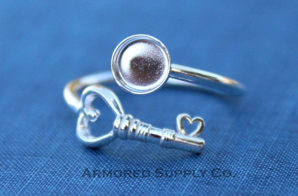 Silver Heart Key Adjustable Bezel Cup Ring blank, Round Cabochon, Breast Milk DIY jewelry supplies, build a ring, wholesale jewelry