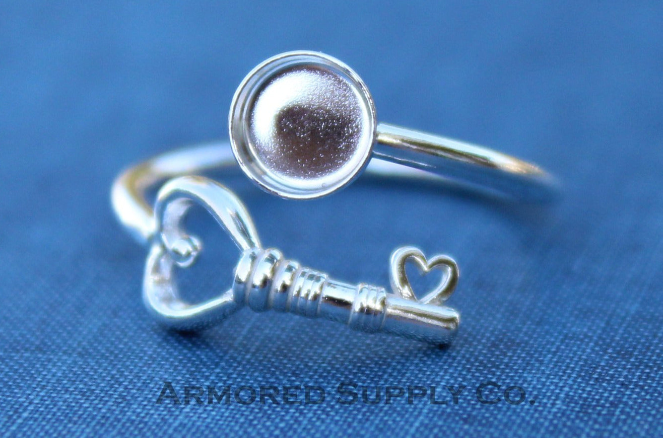 Silver Heart Key Adjustable Bezel Cup Ring blank, Round Cabochon, Breast Milk DIY jewelry supplies, build a ring, wholesale jewelry