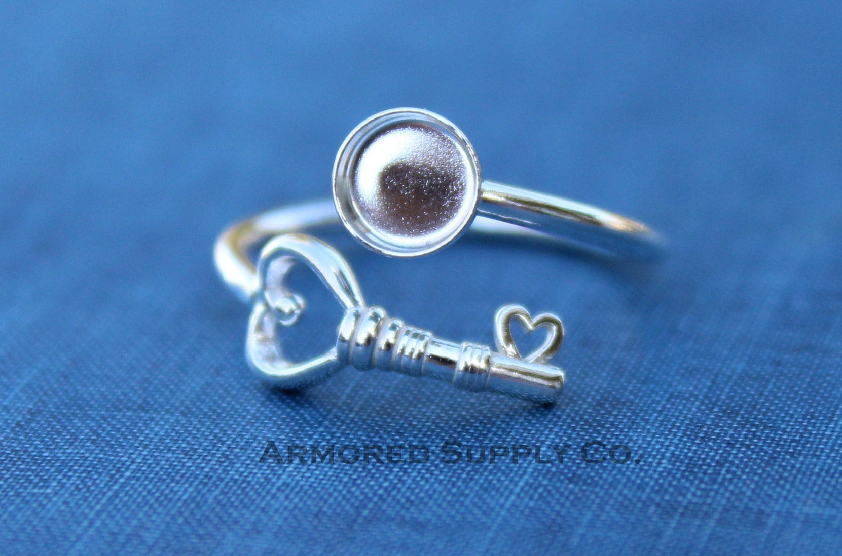 Silver Heart Key Adjustable Bezel Cup Ring blank, Round Cabochon, Breast Milk DIY jewelry supplies, build a ring, wholesale jewelry