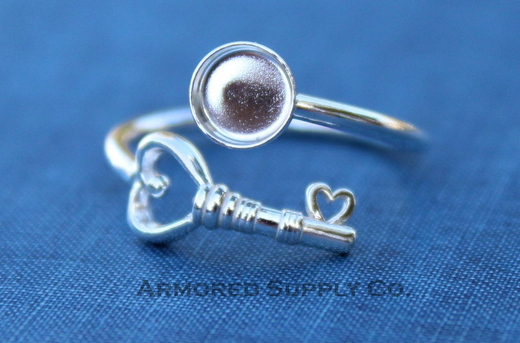 Silver Heart Key Adjustable Bezel Cup Ring blank, Round Cabochon, Breast Milk DIY jewelry supplies, build a ring, wholesale jewelry