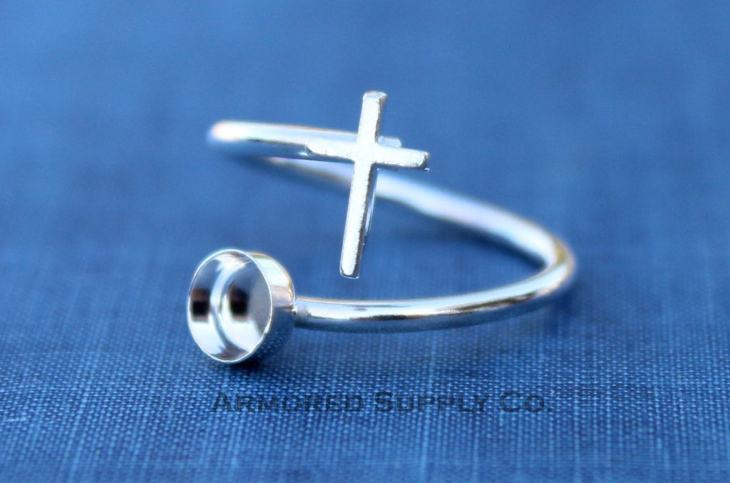 Silver Cross Adjustable Bezel Cup Ring blank, Round Cabochon, Breast Milk DIY jewelry supplies, build a ring, wholesale jewelry