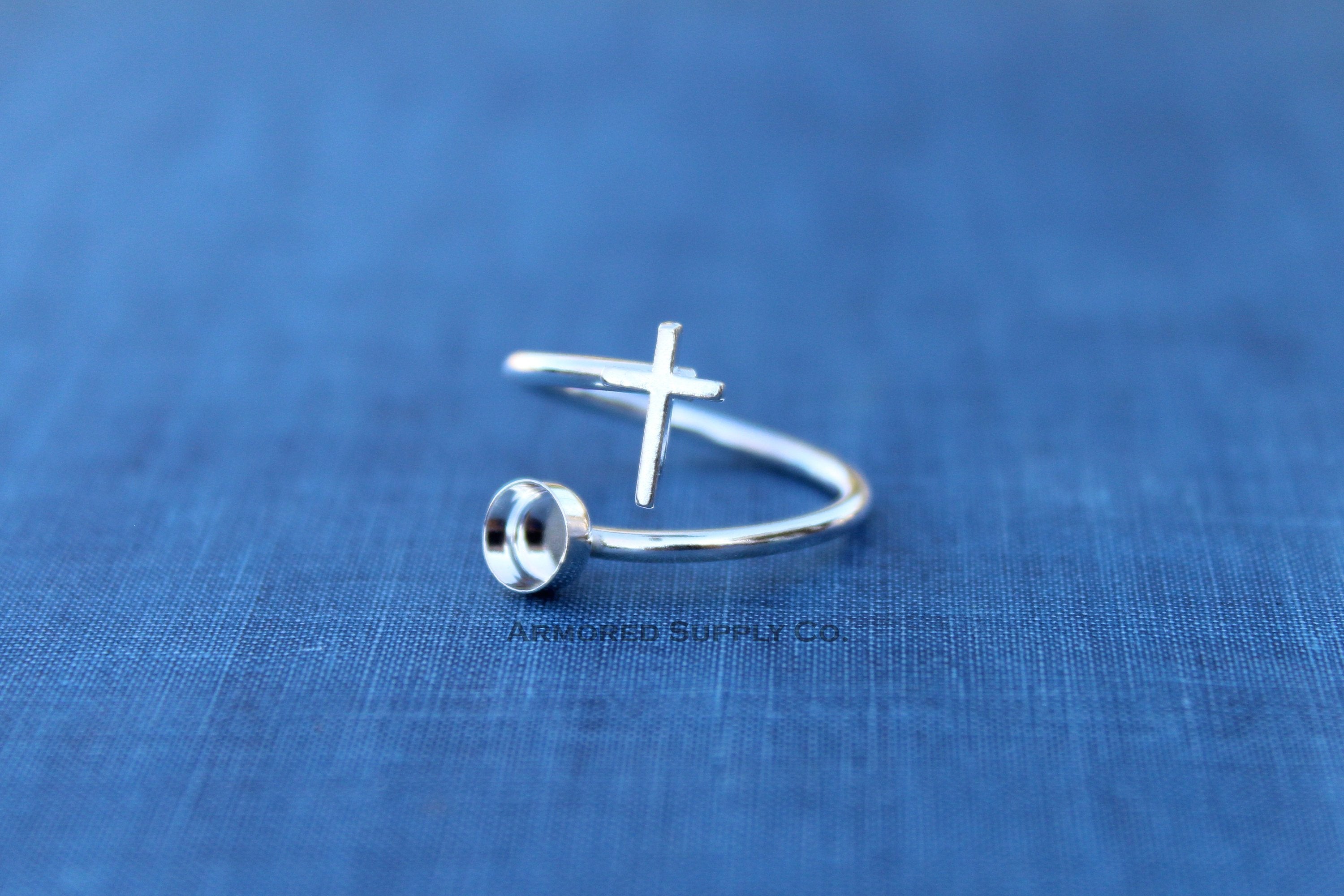 Silver Cross Adjustable Bezel Cup Ring blank, Round Cabochon, Breast Milk DIY jewelry supplies, build a ring, wholesale jewelry