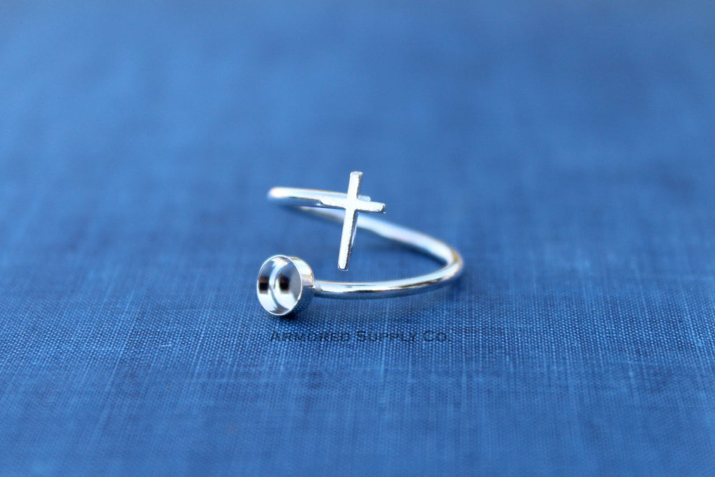 Silver Cross Adjustable Bezel Cup Ring blank, Round Cabochon, Breast Milk DIY jewelry supplies, build a ring, wholesale jewelry