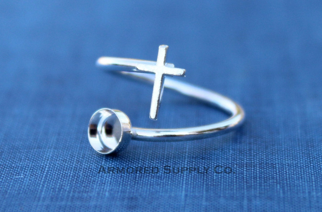 Silver Cross Adjustable Bezel Cup Ring blank, Round Cabochon, Breast Milk DIY jewelry supplies, build a ring, wholesale jewelry