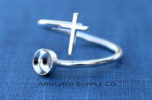 Silver Cross Adjustable Bezel Cup Ring blank, Round Cabochon, Breast Milk DIY jewelry supplies, build a ring, wholesale jewelry