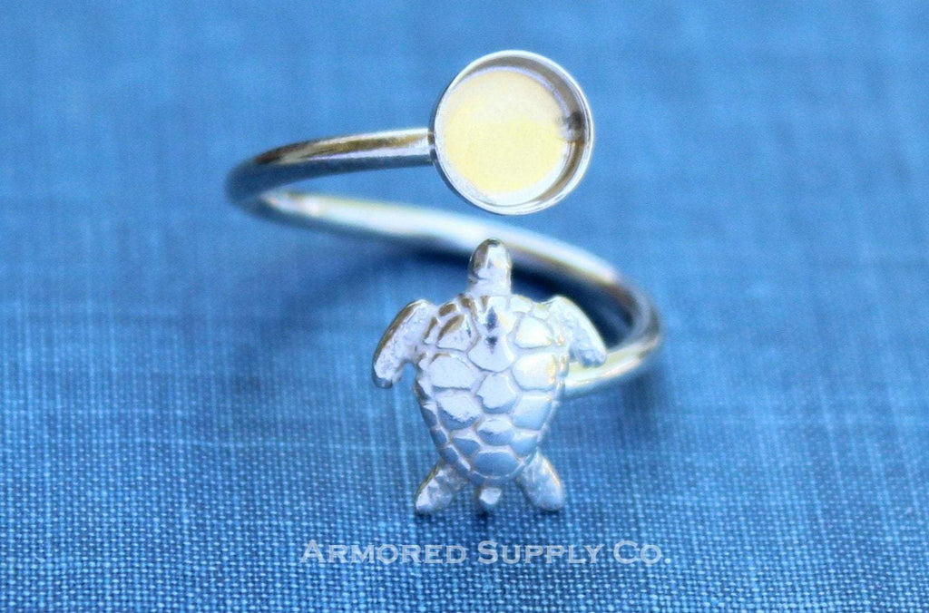 Silver Sea Turtle Wrap Adjustable Bezel Cup Ring blank, Round Cabochon, Breast Milk DIY jewelry supplies, build a ring, wholesale jewelry