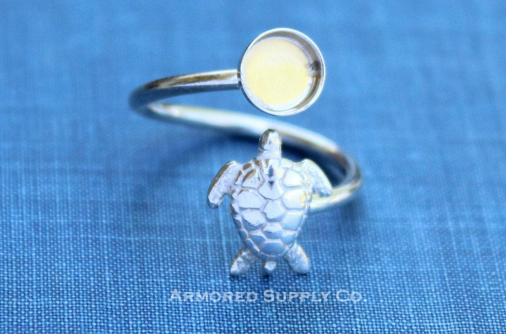 Silver Sea Turtle Wrap Adjustable Bezel Cup Ring blank, Round Cabochon, Breast Milk DIY jewelry supplies, build a ring, wholesale jewelry