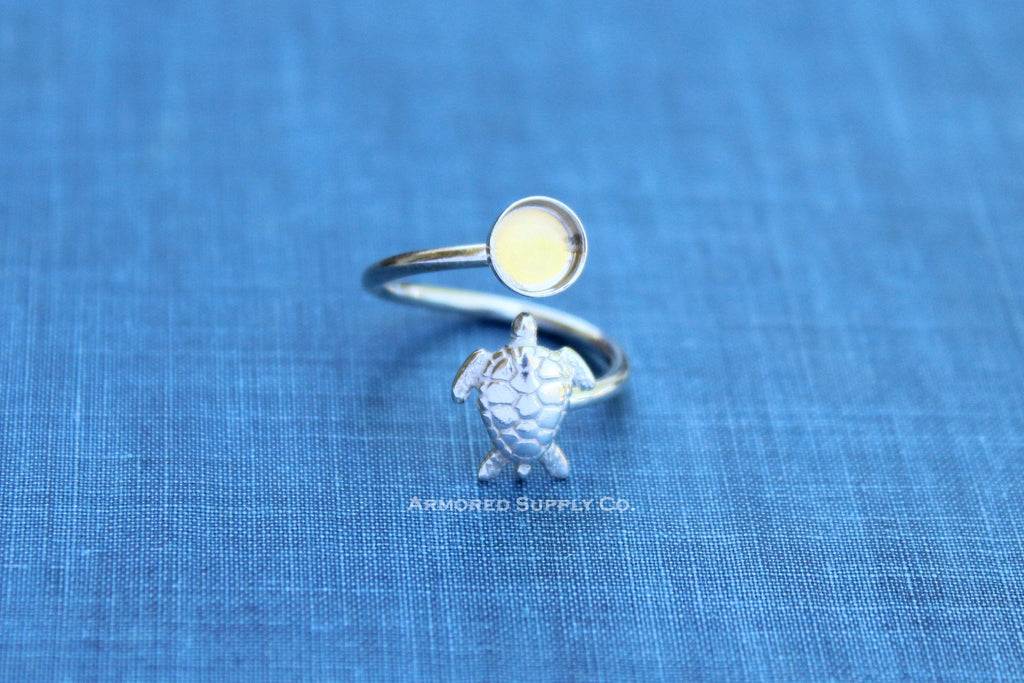 Silver Sea Turtle Wrap Adjustable Bezel Cup Ring blank, Round Cabochon, Breast Milk DIY jewelry supplies, build a ring, wholesale jewelry