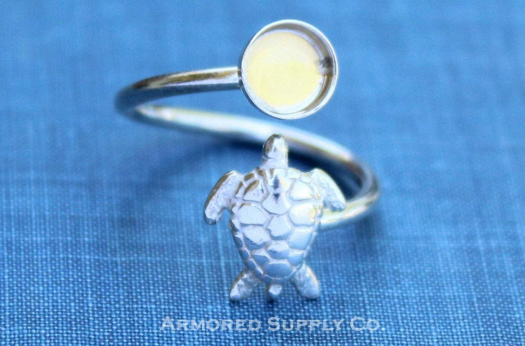 Silver Sea Turtle Wrap Adjustable Bezel Cup Ring blank, Round Cabochon, Breast Milk DIY jewelry supplies, build a ring, wholesale jewelry