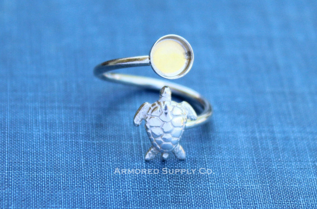 Silver Sea Turtle Wrap Adjustable Bezel Cup Ring blank, Round Cabochon, Breast Milk DIY jewelry supplies, build a ring, wholesale jewelry