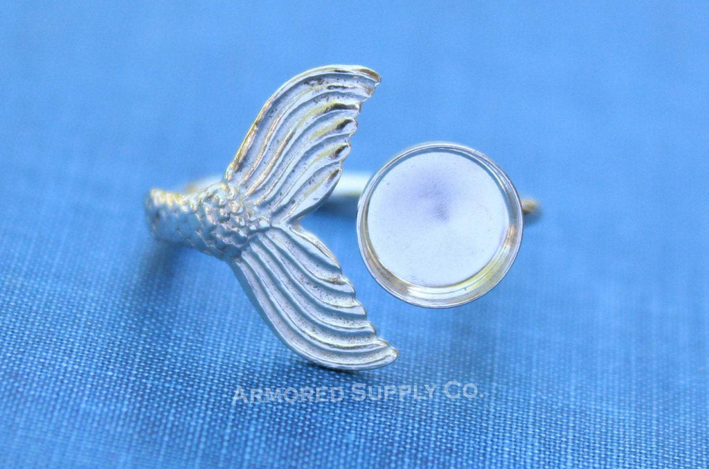 Silver Mermaid Tail Open Adjustable Bezel Cup Ring blank, Round Cabochon, Breast Milk DIY jewelry supplies, build a ring, wholesale jewelry