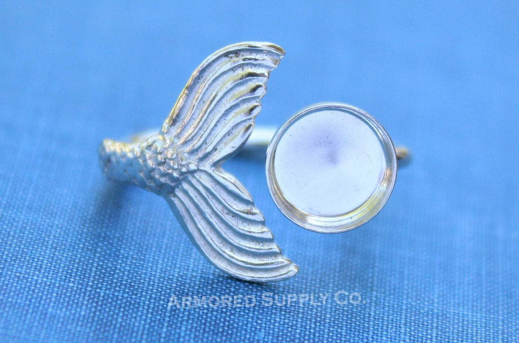 Silver Mermaid Tail Open Adjustable Bezel Cup Ring blank, Round Cabochon, Breast Milk DIY jewelry supplies, build a ring, wholesale jewelry