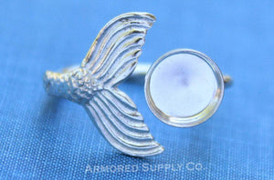 Silver Mermaid Tail Open Adjustable Bezel Cup Ring blank, Round Cabochon, Breast Milk DIY jewelry supplies, build a ring, wholesale jewelry