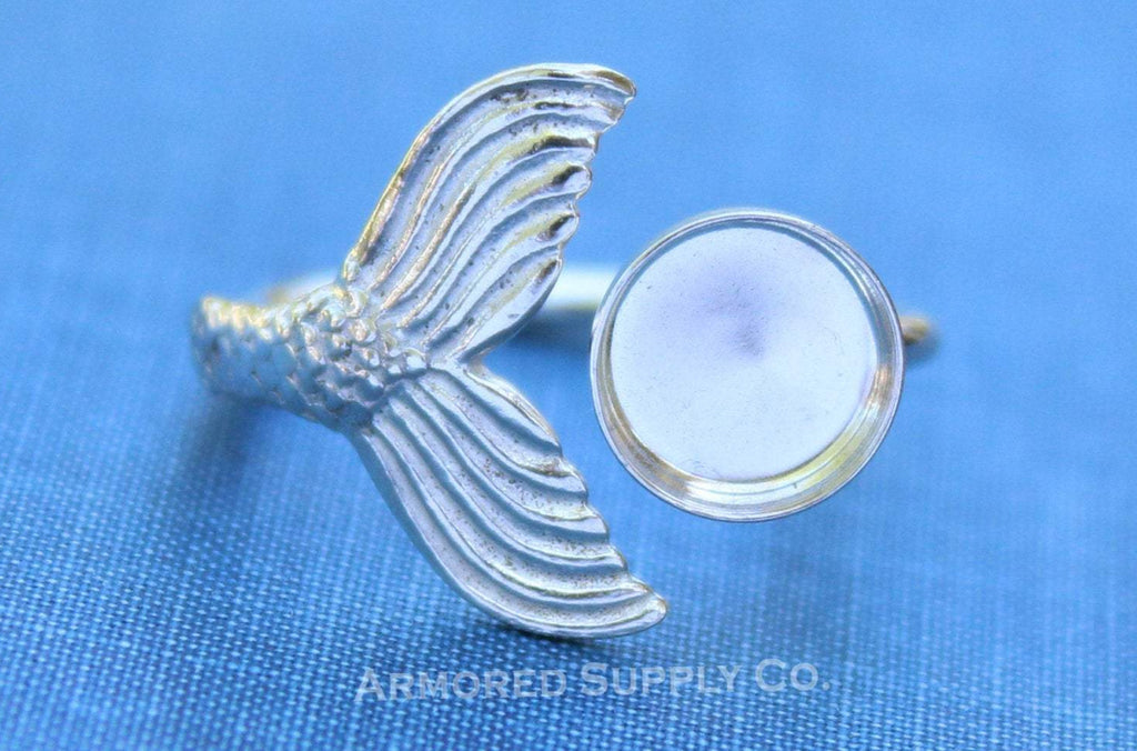 Silver Mermaid Tail Open Adjustable Bezel Cup Ring blank, Round Cabochon, Breast Milk DIY jewelry supplies, build a ring, wholesale jewelry