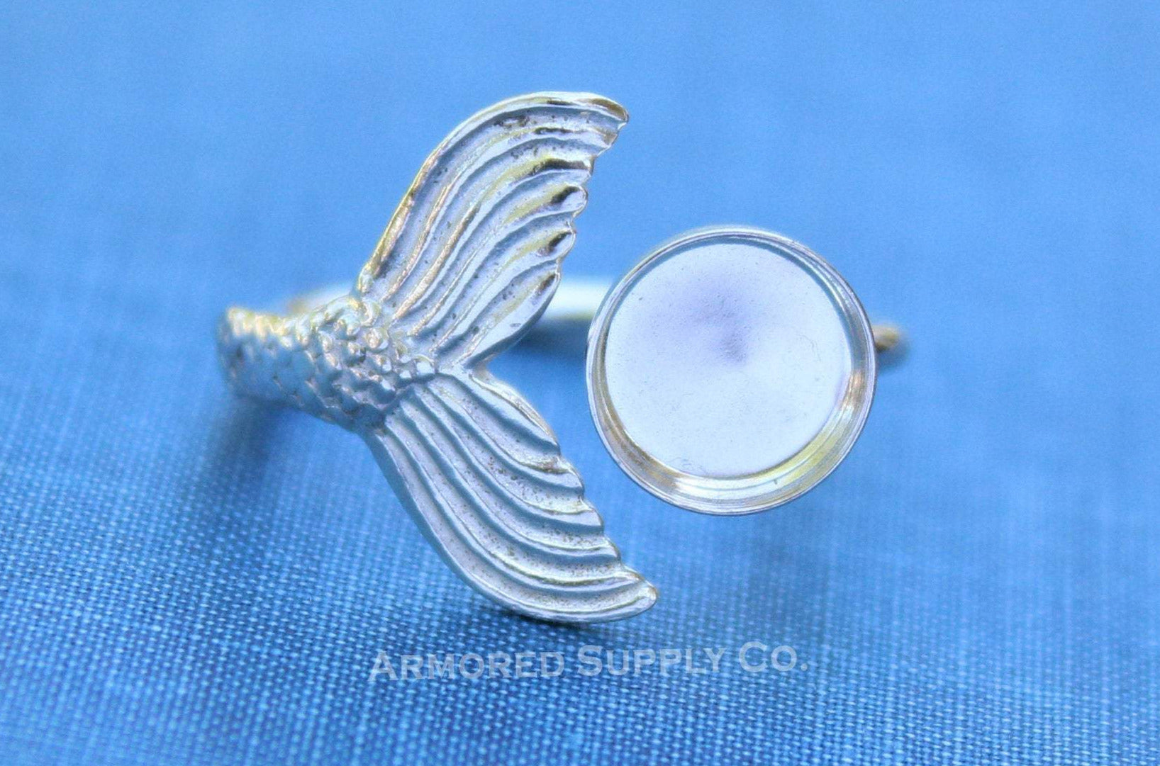 Silver Mermaid Tail Open Adjustable Bezel Cup Ring blank, Round Cabochon, Breast Milk DIY jewelry supplies, build a ring, wholesale jewelry