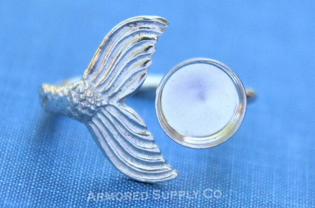 Silver Mermaid Tail Open Adjustable Bezel Cup Ring blank, Round Cabochon, Breast Milk DIY jewelry supplies, build a ring, wholesale jewelry