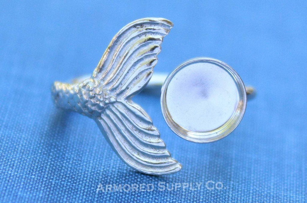 Silver Mermaid Tail Open Adjustable Bezel Cup Ring blank, Round Cabochon, Breast Milk DIY jewelry supplies, build a ring, wholesale jewelry