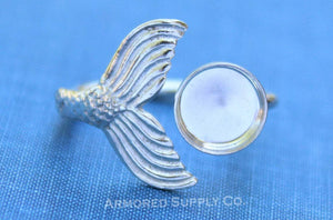 Silver Mermaid Tail Open Adjustable Bezel Cup Ring blank, Round Cabochon, Breast Milk DIY jewelry supplies, build a ring, wholesale jewelry