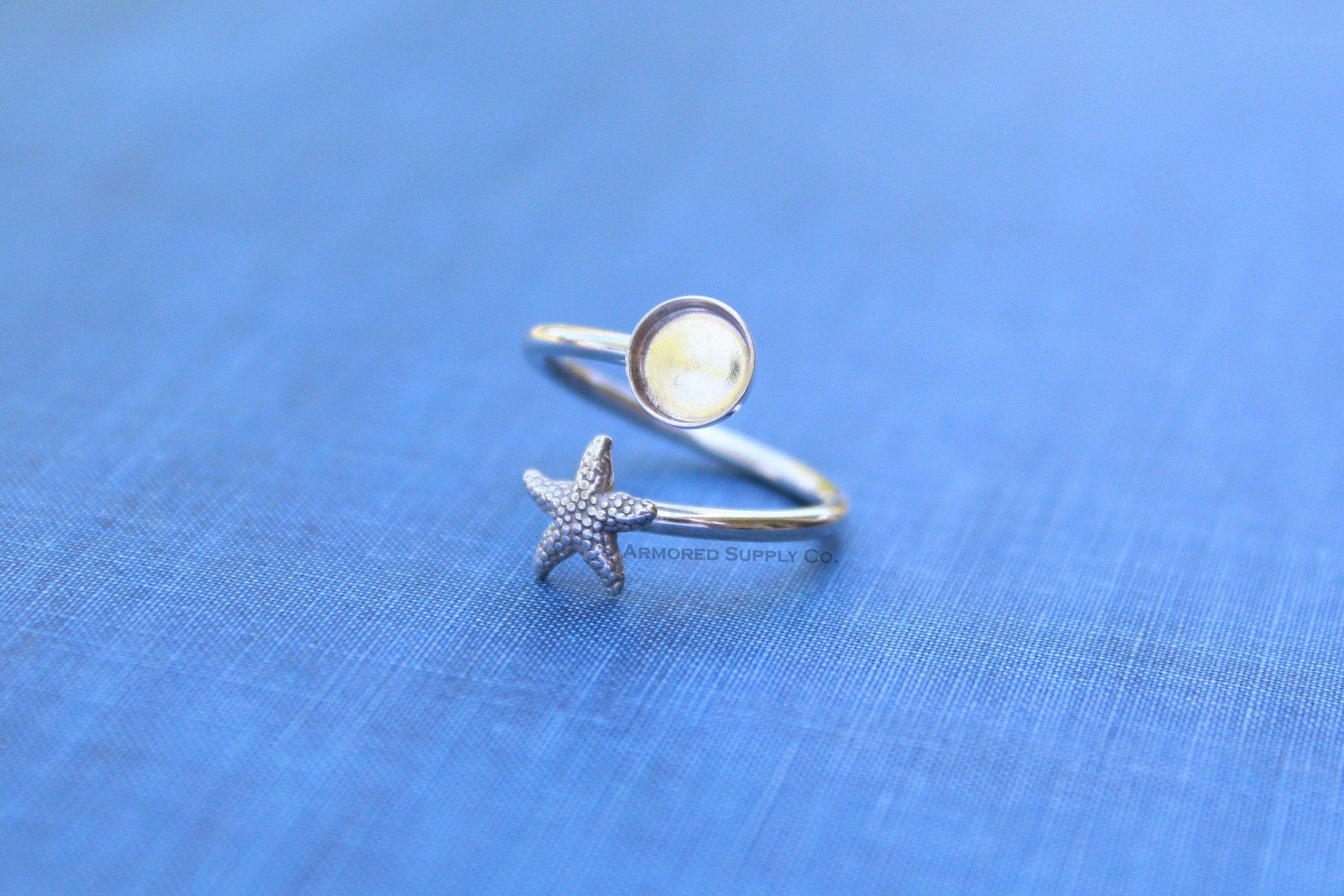 Silver Starfish Wrap Adjustable Bezel Cup Ring blank, Round Cabochon, Breast Milk DIY jewelry supplies, build a ring, wholesale jewelry