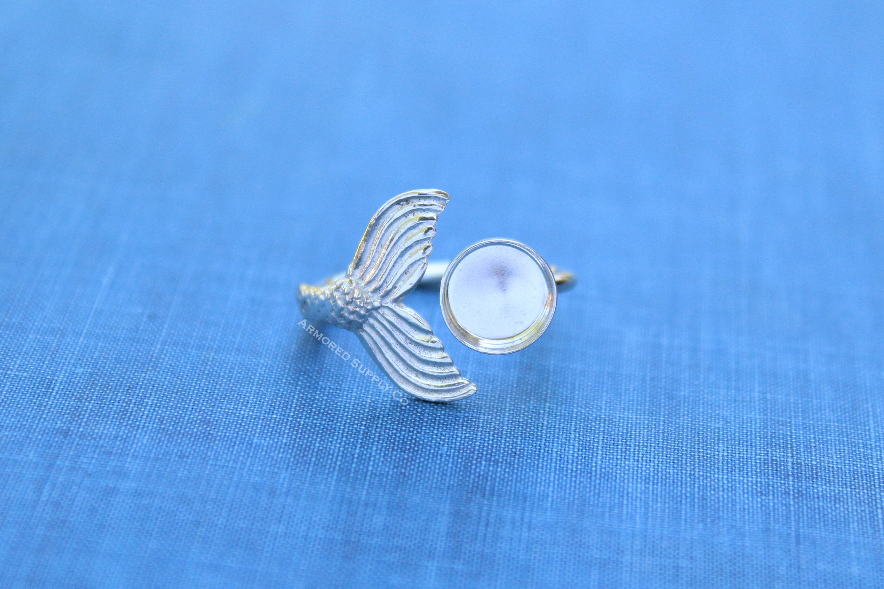 Silver Mermaid Tail Open Adjustable Bezel Cup Ring blank, Round Cabochon, Breast Milk DIY jewelry supplies, build a ring, wholesale jewelry