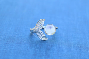 Silver Mermaid Tail Open Adjustable Bezel Cup Ring blank, Round Cabochon, Breast Milk DIY jewelry supplies, build a ring, wholesale jewelry